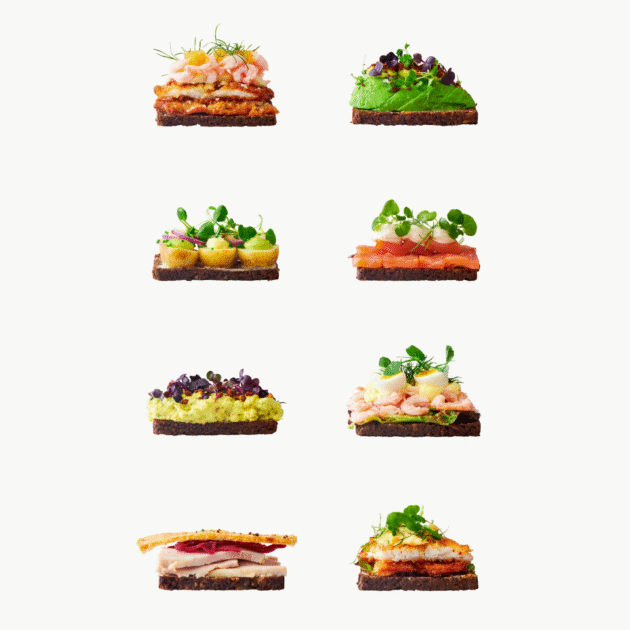Familiepakke: 8 klassiske smørrebrød og 4 drikkevarer